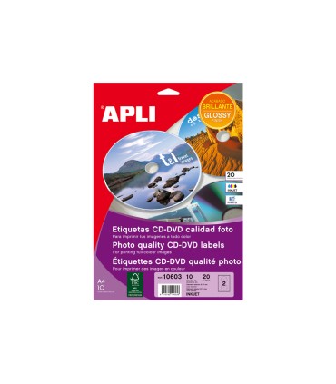 Etiqueta adhesiva apli 10603 tamano cd rom 117 mm para fotocopiadora laser ink jet caja con 10 hojas 20 etiquetas