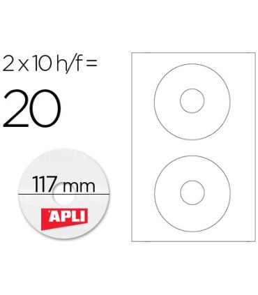 Etiqueta adhesiva apli 10603 tamano cd rom 117 mm para fotocopiadora laser ink jet caja con 10 hojas 20 etiquetas