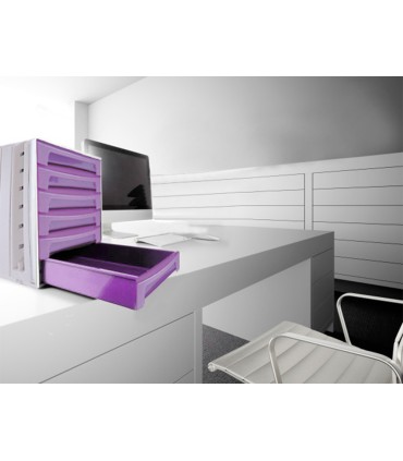 Fichero cajones de sobremesa q connect 305x370x215 mm bandeja organizadora superior 6 cajones violeta translucido