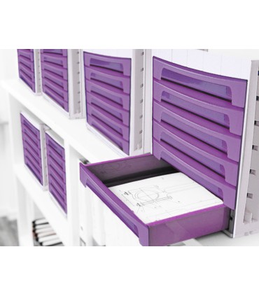 Fichero cajones de sobremesa q connect 305x370x215 mm bandeja organizadora superior 6 cajones violeta translucido