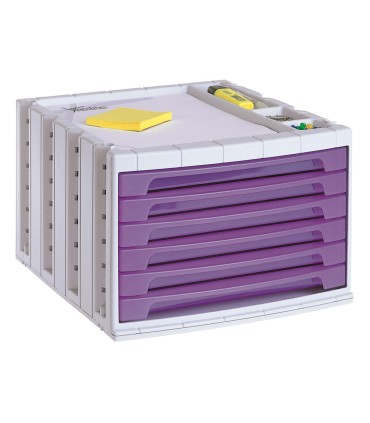 Fichero cajones de sobremesa q connect 305x370x215 mm bandeja organizadora superior 6 cajones violeta translucido