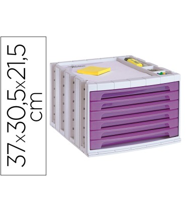 Fichero cajones de sobremesa q connect 305x370x215 mm bandeja organizadora superior 6 cajones violeta translucido