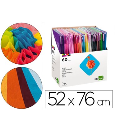 Papel seda liderpapel 52x76 cm expositor 60 bolsas de 5 hojas 12 colores surtidos