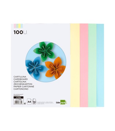 Cartulina liderpapel a4 180g m2 4 colores surtidos paquete de 100 hojas