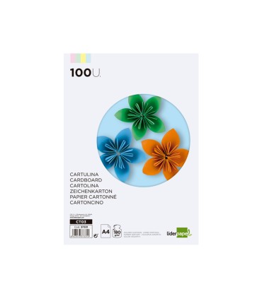 Cartulina liderpapel a4 180g m2 4 colores surtidos paquete de 100 hojas