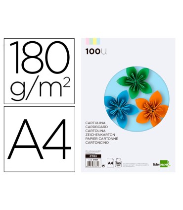 Cartulina liderpapel a4 180g m2 4 colores surtidos paquete de 100 hojas