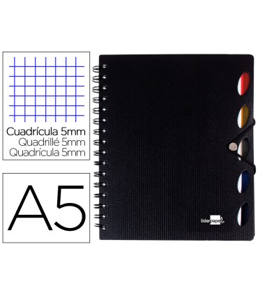 Cuaderno espiral liderpapel a5 micro executive tapa plastico 100h 80 gr cuadro 5mm 5 separadores con gomilla negro