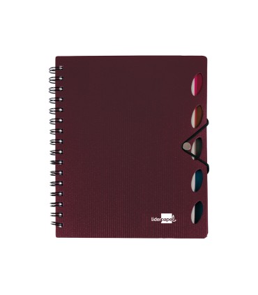 Cuaderno espiral liderpapel a4 micro executive tapa plastico 100h 80 gr cuadro 5mm 5 separadores con gomilla burdeos