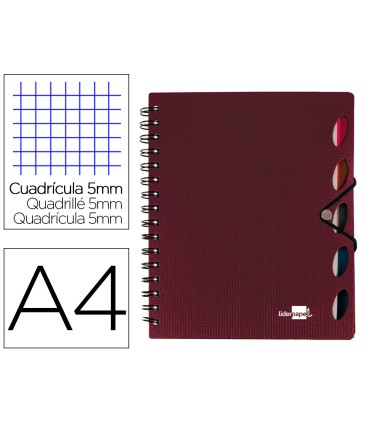 Cuaderno espiral liderpapel a4 micro executive tapa plastico 100h 80 gr cuadro 5mm 5 separadores con gomilla burdeos