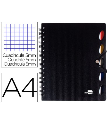 Cuaderno espiral liderpapel a4 micro executive tapa plastico 100h 80 gr cuadro 5mm 5 separadores con gomilla negro