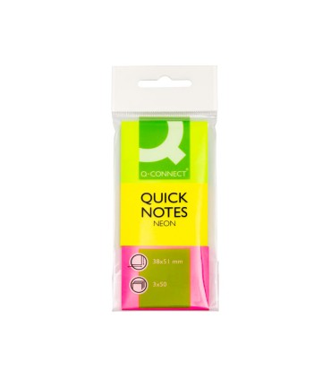 Bloc de notas adhesivas quita y pon q connect 38x51 mm neon pack de 3 unidades con 50 hojas por color