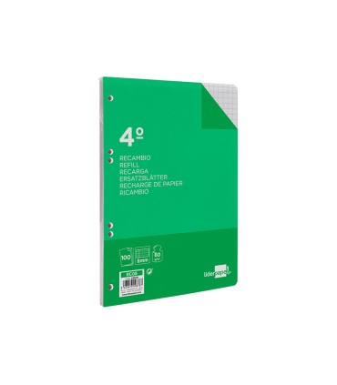 Recambio liderpapel cuarto 100 hojas 60g m2 cuadro 8mm con margen 6 taladros