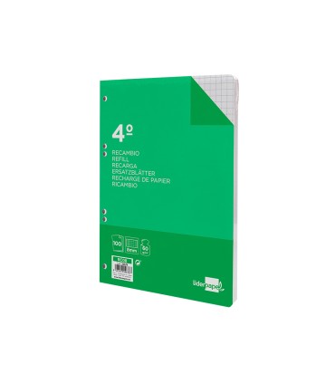 Recambio liderpapel cuarto 100 hojas 60g m2 cuadro 8mm con margen 6 taladros