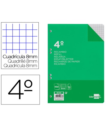 Recambio liderpapel cuarto 100 hojas 60g m2 cuadro 8mm con margen 6 taladros