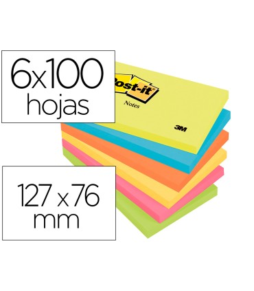 Bloc de notas adhesivas quita y pon post it 76x127 mm neon pack de 6 blocs surtido