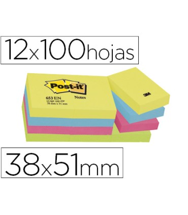 Bloc de notas adhesivas quita y pon post it 38x51 mm neon pack de 12 blocs surtido