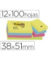 Bloc de notas adhesivas quita y pon post-it 38x51 mm neon pack de 12 blocs surtido