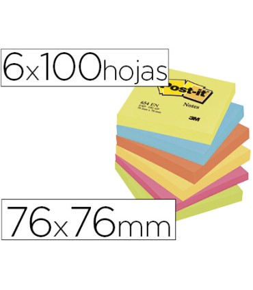 Bloc de notas adhesivas quita y pon post it 76x76 mm neon pack de 6 blocs surtido