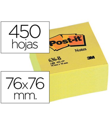 Bloc de notas adhesivas quita y pon post it 76x76x45 mm cubo color amarillo 450 hojas