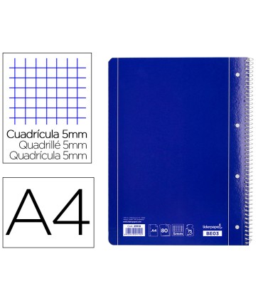 Cuaderno espiral liderpapel a4 micro serie azul tapa blanda 80h 80 gr cuadro5mm con margen 4 taladros azul