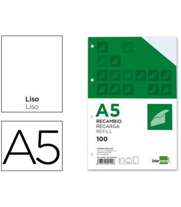 Recambio liderpapel a5 100 h 100g m2 liso con margen 6 taladros