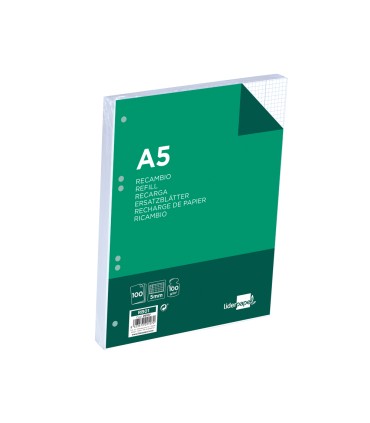 Recambio liderpapel a5 100 h 100g m2 cuadro 5mm con margen 6 taladros