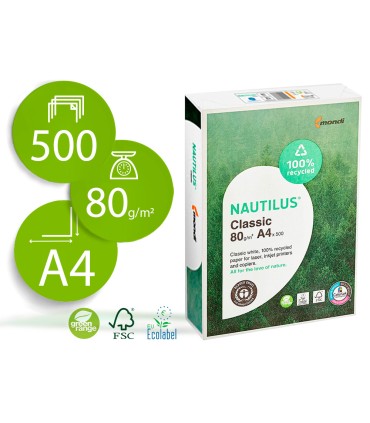 Papel fotocopiadora nautilus din a4 80 gramos paquete de 500 hojas 100 reciclado