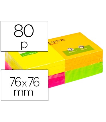 Bloc de notas adhesivas quita y pon q connect 76x76 mm con 80 hojas fluorescentes pack de 12 surtidas en 4 colores