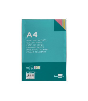 Papel color liderpapel a4 80gr 4 colores surtidos paquete de 100 hojas