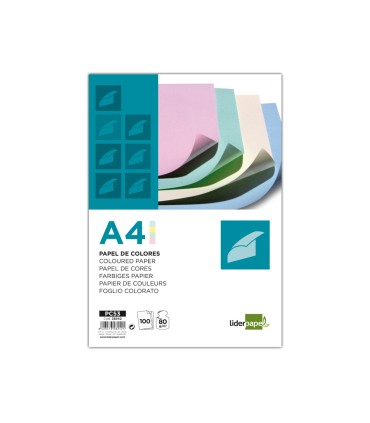 Papel color liderpapel a4 80gr 4 colores surtidos paquete de 100 hojas