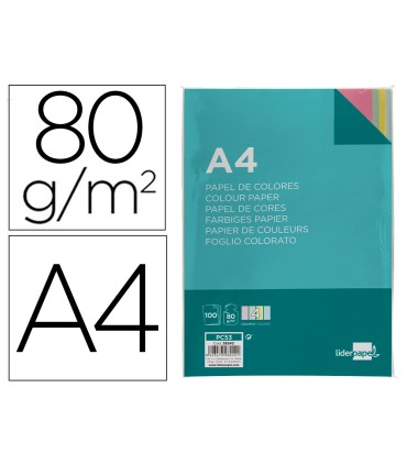 Papel color liderpapel a4 80gr 4 colores surtidos paquete de 100 hojas