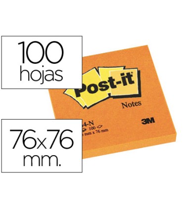 Bloc de notas adhesivas quita y pon post it 76x76 mm naranja neon con 100 hojas