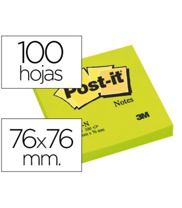 Bloc de notas adhesivas quita y pon post it 76x76 mm verde neon con 100 hojas