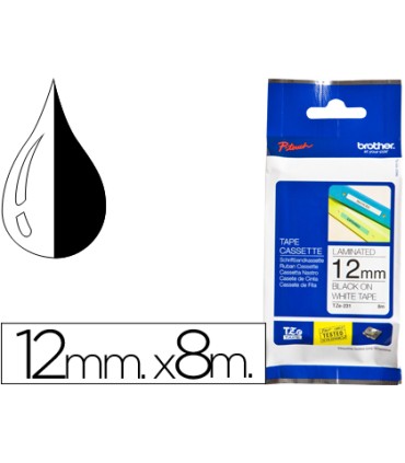 Cinta brother tze 231 blanco negro 12mm longitud 8 mt