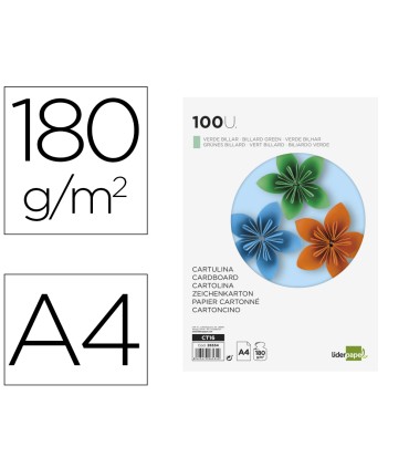 Cartulina liderpapel a4 180g m2 verde billar paquete de 100 hojas