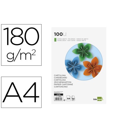 Cartulina liderpapel a4 180g m2 verde abeto paquete de 100 hojas