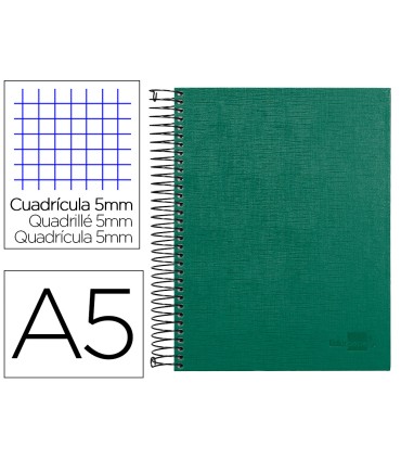 Cuaderno espiral liderpapel a5 micro papercoat tapa forrada 140h 75 gr cuadro5mm 5 bandas 6 taladros verde