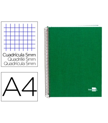 Cuaderno espiral liderpapel a4 micro papercoat tapa forrada 140h 75 gr cuadro5mm 5 bandas 4 taladros verde