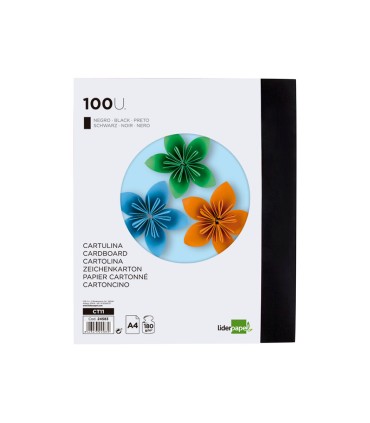 Cartulina liderpapel a4 180g m2 negro paquete de 100 hojas