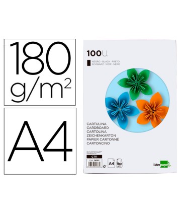 Cartulina liderpapel a4 180g m2 negro paquete de 100 hojas