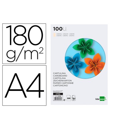 Cartulina liderpapel a4 180g m2 crema paquete de 100 hojas