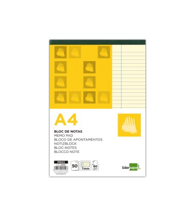 Bloc notas liderpapel horizontal a4 50 hojas amarillas 60g m2 encolado