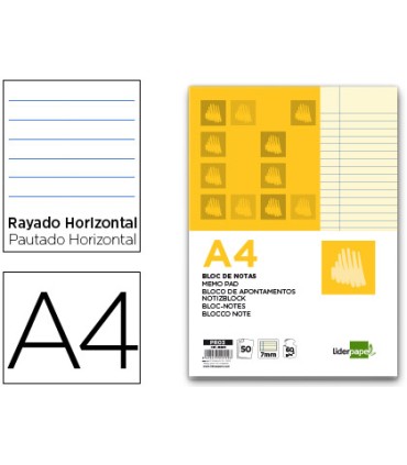 Bloc notas liderpapel horizontal a4 50 hojas amarillas 60g m2 encolado