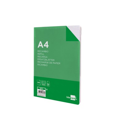 Recambio liderpapel a4 100 hojas 60g m2 cuadro 4 mm con margen 16 taladros