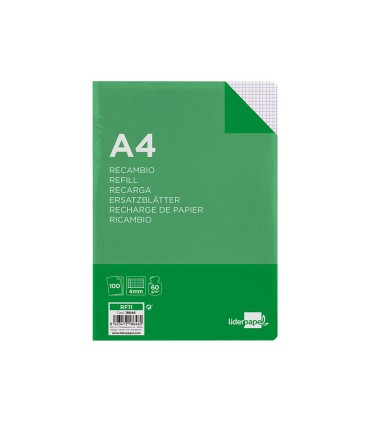 Recambio liderpapel a4 100 hojas 60g m2 cuadro 4 mm con margen 16 taladros