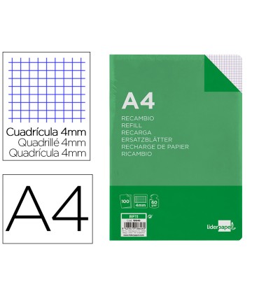 Recambio liderpapel a4 100 hojas 60g m2 cuadro 4 mm con margen 16 taladros