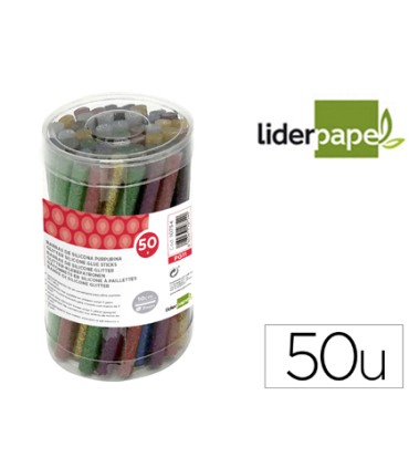 Barra termofusible purpurina liderpapel 7 mm diametro x 100 mm de alto bote 50 unidades colores surtidos