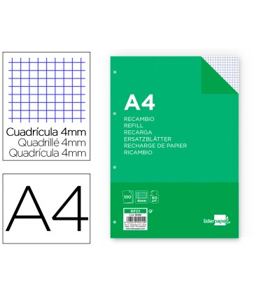 Recambio liderpapel a4 100 hojas 60g m2 cuadro 4 mm con margen 4 taladros