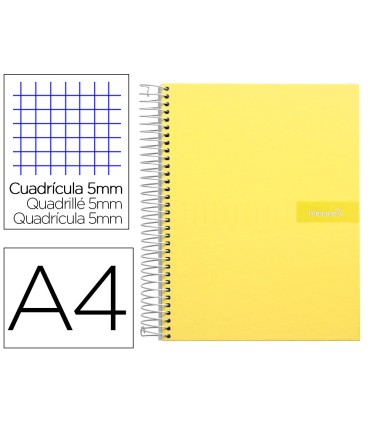 Cuaderno espiral liderpapel a4 micro crafty tapa forrada 120h 90gr cuadro 5mm 5 bandas 4 taladros color amarillo