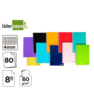 Cuaderno espiral liderpapel bolsillo octavo smart tapa blanda 80h 60gr cuadro 4mm colores surtidos